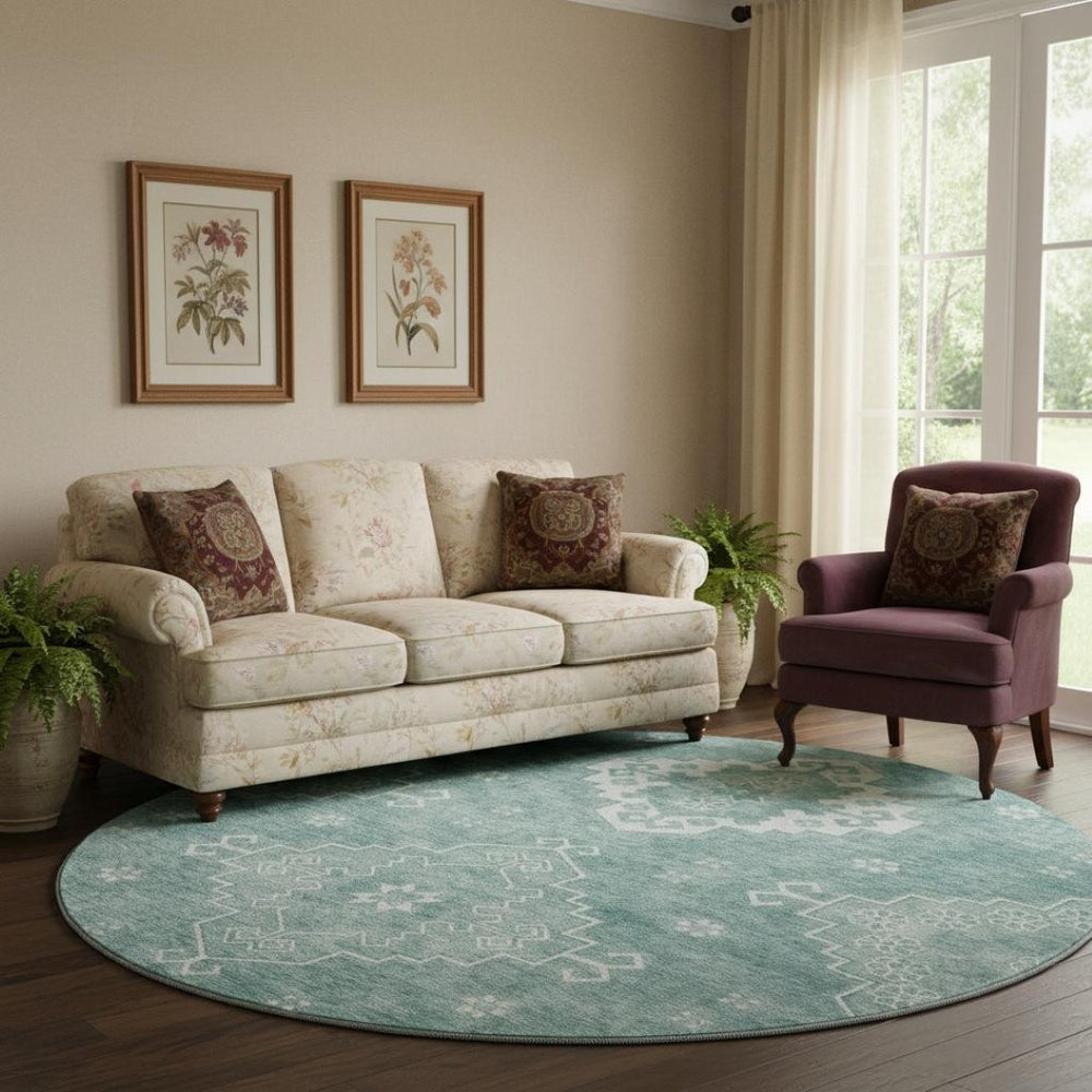 HomeRoots 8' Aqua and Ivory Medallion Washable Round Rug – Stylish, Durable, UV Protected for High Traffic Spaces 667399