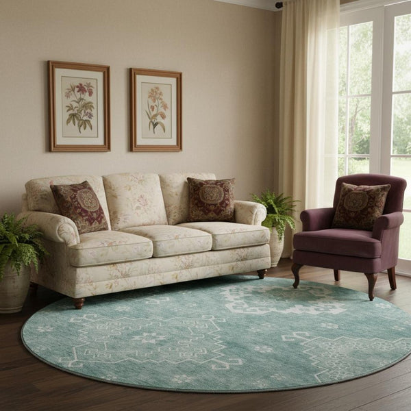 HomeRoots 8' Aqua and Ivory Medallion Washable Round Rug – Stylish, Durable, UV Protected for High Traffic Spaces 667399