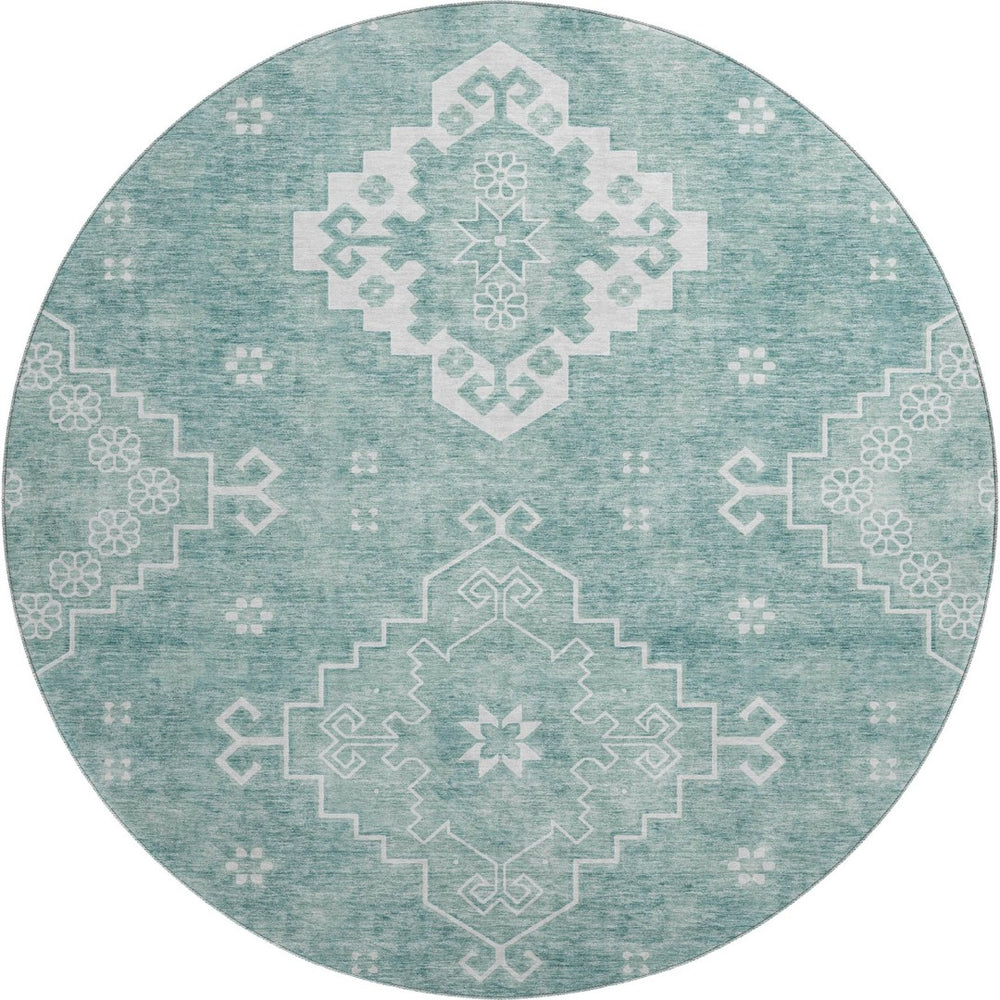 HomeRoots 8' Aqua and Ivory Medallion Washable Round Rug – Stylish, Durable, UV Protected for High Traffic Spaces 667399