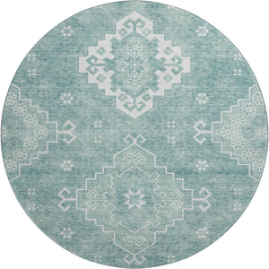 HomeRoots 8' Aqua and Ivory Medallion Washable Round Rug – Stylish, Durable, UV Protected for High Traffic Spaces 667399