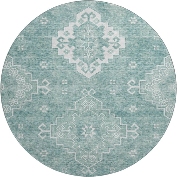 HomeRoots 8' Aqua and Ivory Medallion Washable Round Rug – Stylish, Durable, UV Protected for High Traffic Spaces 667399