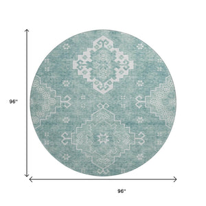 HomeRoots 8' Aqua and Ivory Medallion Washable Round Rug – Stylish, Durable, UV Protected for High Traffic Spaces 667399