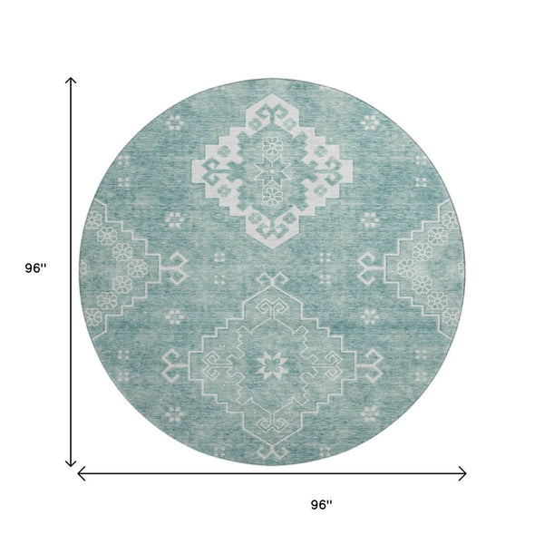 HomeRoots 8' Aqua and Ivory Medallion Washable Round Rug – Stylish, Durable, UV Protected for High Traffic Spaces 667399