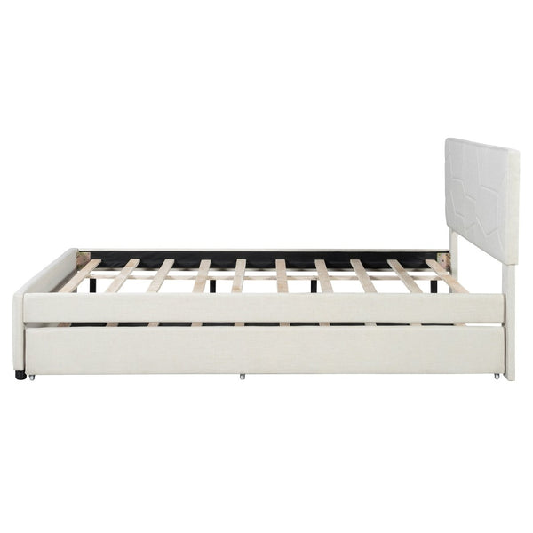 English Elm Queen Linen Upholstered Platform Bed with Brick Textured Headboard and Pull Out Trundle SF000004AAA-1