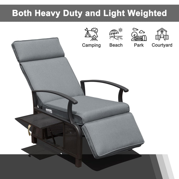 English Elm Adjustable Patio Recliner Chair with Flip Side Table, Ergonomic Cushions, Heavy-Duty Steel, 350lb Support Gray W1859P196387