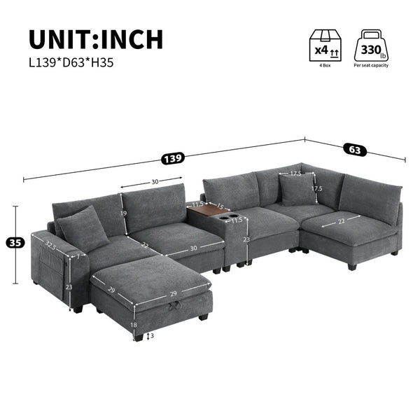 English Elm 139'' U-shaped Corduroy Sectional with Ottoman Console Usb Port and Cup Holders for Living Gray N723S1166E