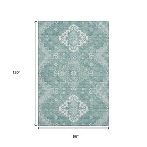 HomeRoots 8' X 10' Aqua and Ivory Medallion Area Rug – Washable, Stain Resistant, UV Protected for High Traffic Areas 667400