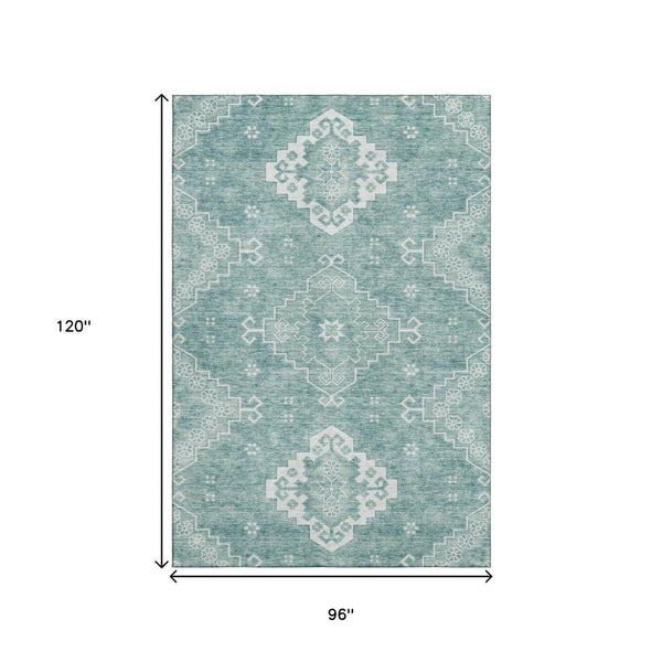 HomeRoots 8' X 10' Aqua and Ivory Medallion Area Rug – Washable, Stain Resistant, UV Protected for High Traffic Areas 667400