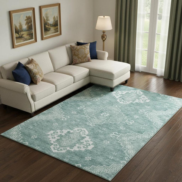 HomeRoots 8' X 10' Aqua and Ivory Medallion Area Rug – Washable, Stain Resistant, UV Protected for High Traffic Areas 667400