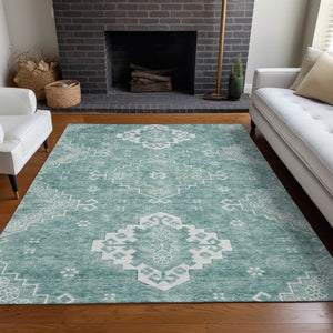 HomeRoots 8' X 10' Aqua and Ivory Medallion Area Rug – Washable, Stain Resistant, UV Protected for High Traffic Areas 667400
