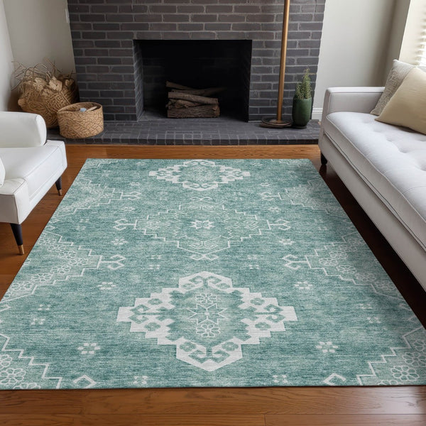 HomeRoots 8' X 10' Aqua and Ivory Medallion Area Rug – Washable, Stain Resistant, UV Protected for High Traffic Areas 667400