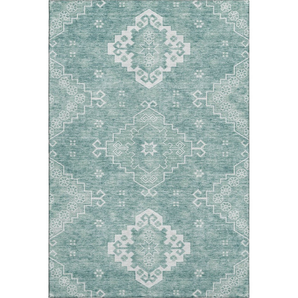 HomeRoots 8' X 10' Aqua and Ivory Medallion Area Rug – Washable, Stain Resistant, UV Protected for High Traffic Areas 667400