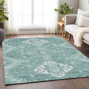 HomeRoots 8' X 10' Aqua and Ivory Medallion Area Rug – Washable, Stain Resistant, UV Protected for High Traffic Areas 667400