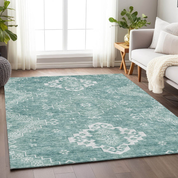 HomeRoots 8' X 10' Aqua and Ivory Medallion Area Rug – Washable, Stain Resistant, UV Protected for High Traffic Areas 667400