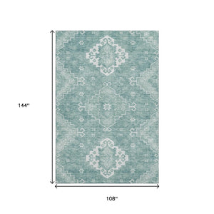 HomeRoots 9' X 12' Aqua Medallion Washable Area Rug - Stylish, Stain-Resistant, UV Protected for Busy Homes! 667401
