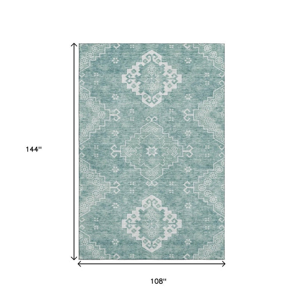 HomeRoots 9' X 12' Aqua Medallion Washable Area Rug - Stylish, Stain-Resistant, UV Protected for Busy Homes! 667401