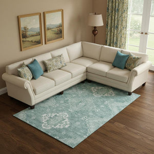 HomeRoots 9' X 12' Aqua Medallion Washable Area Rug - Stylish, Stain-Resistant, UV Protected for Busy Homes! 667401