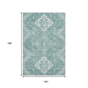 HomeRoots 10' X 14' Aqua Medallion Washable Area Rug – Durable, UV-Protected, Family-Friendly Design for Homes! 667402