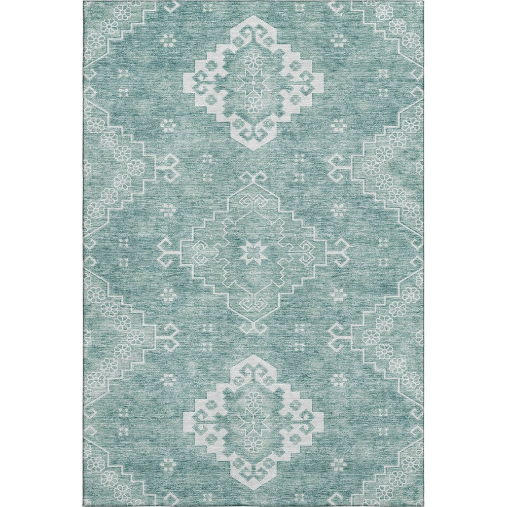 HomeRoots 10' X 14' Aqua Medallion Washable Area Rug – Durable, UV-Protected, Family-Friendly Design for Homes! 667402