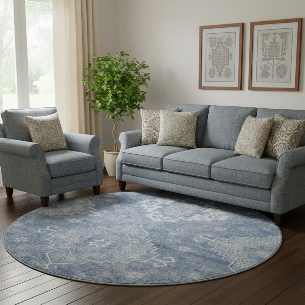 HomeRoots 8' Blue And Ivory Medallion Round Rug - Washable, UV-Protected, Stain-Resistant for Busy Homes 667405