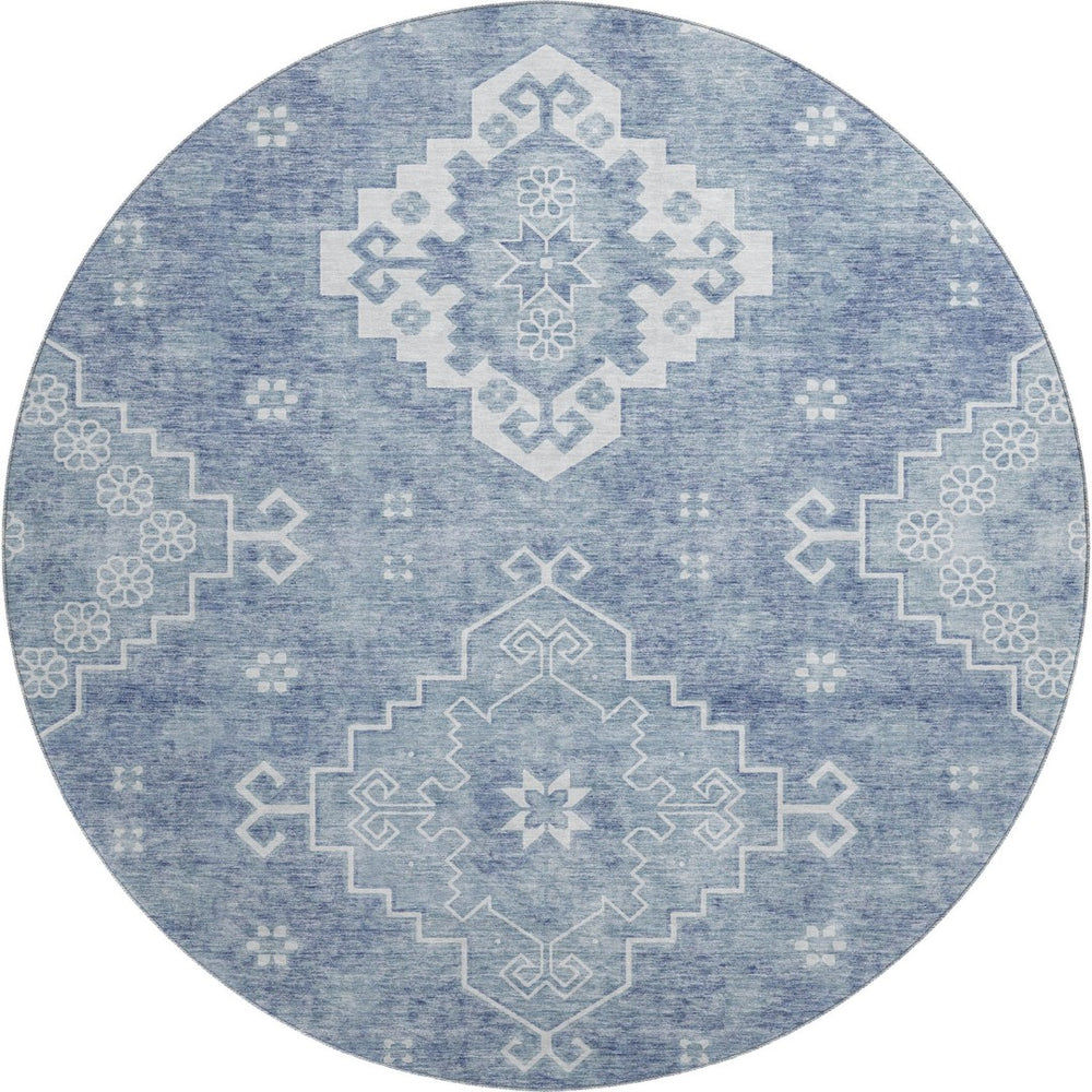 HomeRoots 8' Blue And Ivory Medallion Round Rug - Washable, UV-Protected, Stain-Resistant for Busy Homes 667405