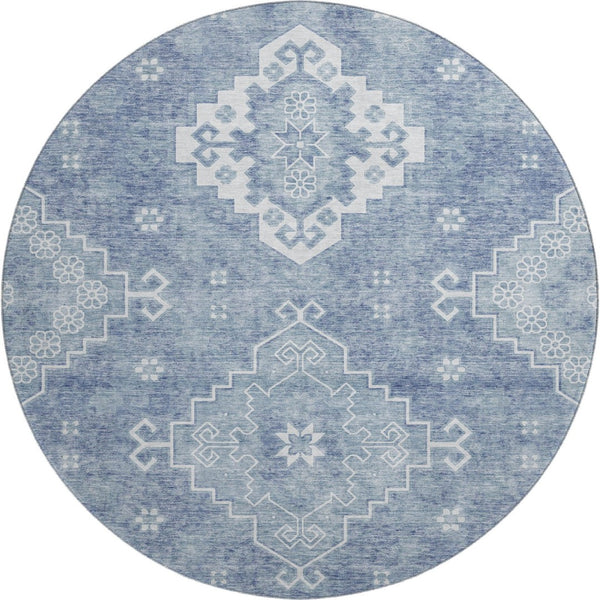 HomeRoots 8' Blue And Ivory Medallion Round Rug - Washable, UV-Protected, Stain-Resistant for Busy Homes 667405