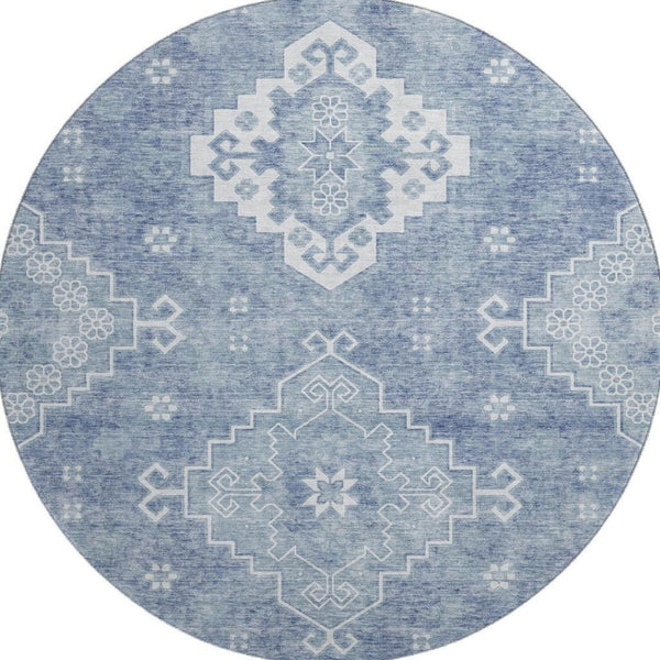 HomeRoots 8' Blue And Ivory Medallion Round Rug - Washable, UV-Protected, Stain-Resistant for Busy Homes 667405