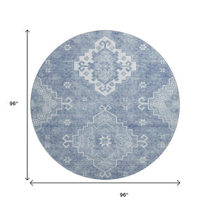 HomeRoots 8' Blue And Ivory Medallion Round Rug - Washable, UV-Protected, Stain-Resistant for Busy Homes 667405