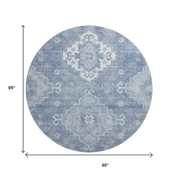 HomeRoots 8' Blue And Ivory Medallion Round Rug - Washable, UV-Protected, Stain-Resistant for Busy Homes 667405