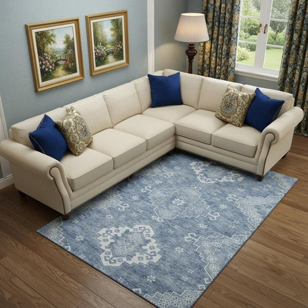 HomeRoots 8' X 10' Beautiful Blue & Ivory Medallion Area Rug - Washable, UV-Protected, Stain-Resistant Charm! 667406