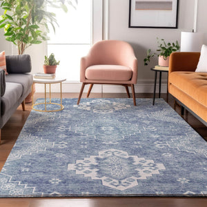 HomeRoots 8' X 10' Beautiful Blue & Ivory Medallion Area Rug - Washable, UV-Protected, Stain-Resistant Charm! 667406