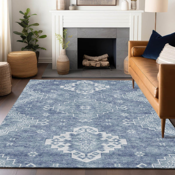 HomeRoots 8' X 10' Beautiful Blue & Ivory Medallion Area Rug - Washable, UV-Protected, Stain-Resistant Charm! 667406