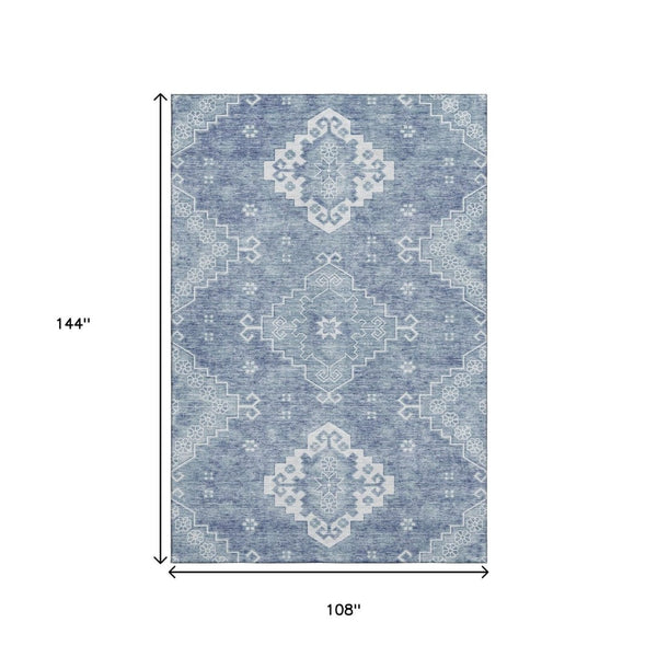HomeRoots 9' X 12' Blue Medallion Washable Area Rug with UV Protection, Stain Resistance for Busy Homes 667407