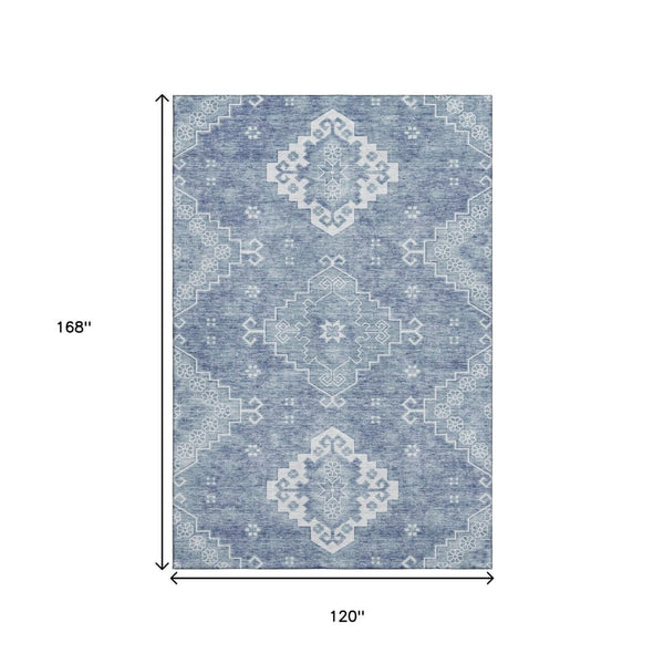 HomeRoots 10' X 14' Elegant Blue & Ivory Medallion Washable Area Rug - UV Protected, Stain Resistant Design 667408