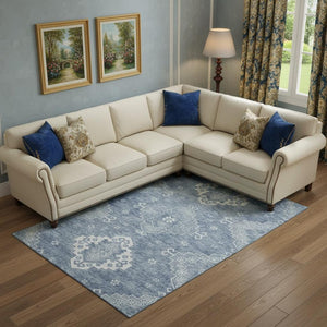 HomeRoots 10' X 14' Elegant Blue & Ivory Medallion Washable Area Rug - UV Protected, Stain Resistant Design 667408
