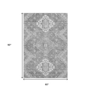 HomeRoots 5' X 8' Gray And Ivory Medallion Area Rug - Washable, UV-Protected, Durable, Kid & Pet Friendly 667410