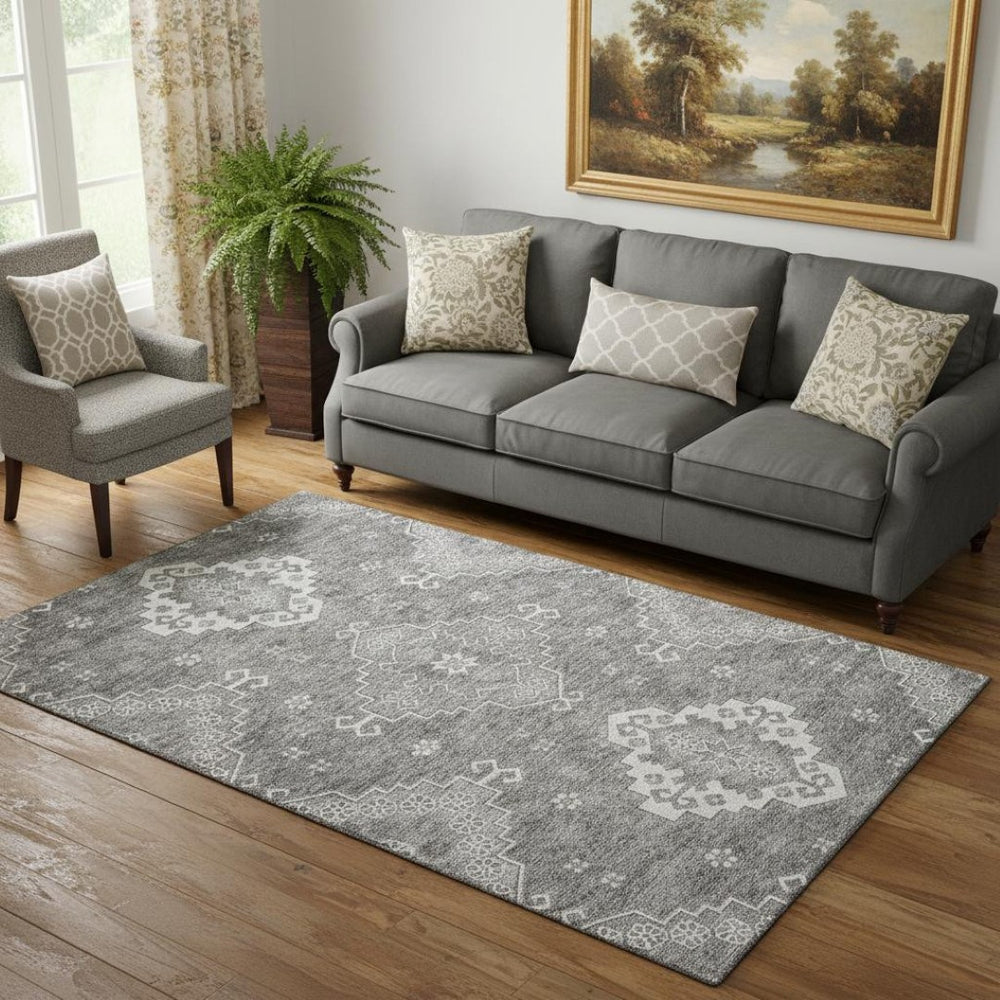 HomeRoots 5' X 8' Gray And Ivory Medallion Area Rug - Washable, UV-Protected, Durable, Kid & Pet Friendly 667410