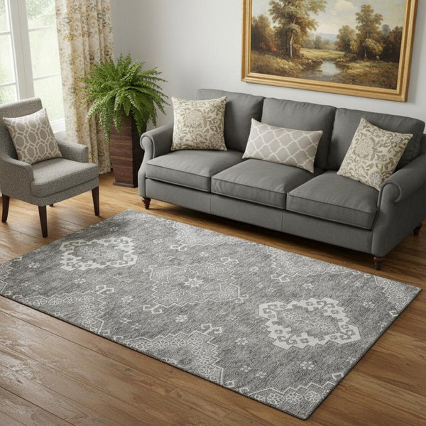 HomeRoots 5' X 8' Gray And Ivory Medallion Area Rug - Washable, UV-Protected, Durable, Kid & Pet Friendly 667410