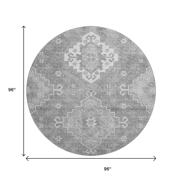 HomeRoots 8' Gray And Ivory Medallion Round Rug - Washable, UV Protected, Stain Resistant for Stylish Durability 667411