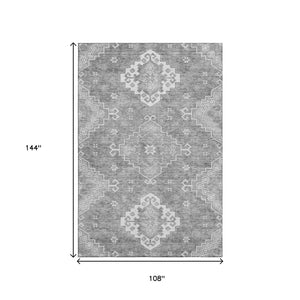 HomeRoots 9' X 12' Gray and Ivory Medallion Area Rug - Washable, Stain-Resistant, UV-Protected for Busy Homes 667413