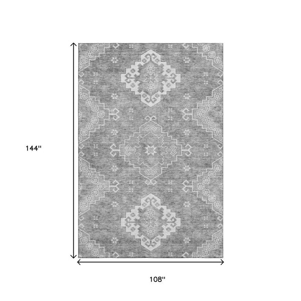 HomeRoots 9' X 12' Gray and Ivory Medallion Area Rug - Washable, Stain-Resistant, UV-Protected for Busy Homes 667413