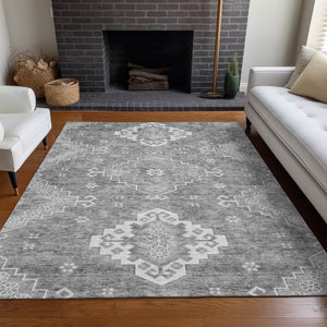 HomeRoots 9' X 12' Gray and Ivory Medallion Area Rug - Washable, Stain-Resistant, UV-Protected for Busy Homes 667413