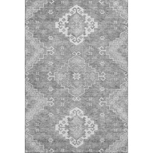 HomeRoots 9' X 12' Gray and Ivory Medallion Area Rug - Washable, Stain-Resistant, UV-Protected for Busy Homes 667413