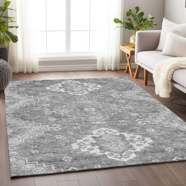 HomeRoots 9' X 12' Gray and Ivory Medallion Area Rug - Washable, Stain-Resistant, UV-Protected for Busy Homes 667413