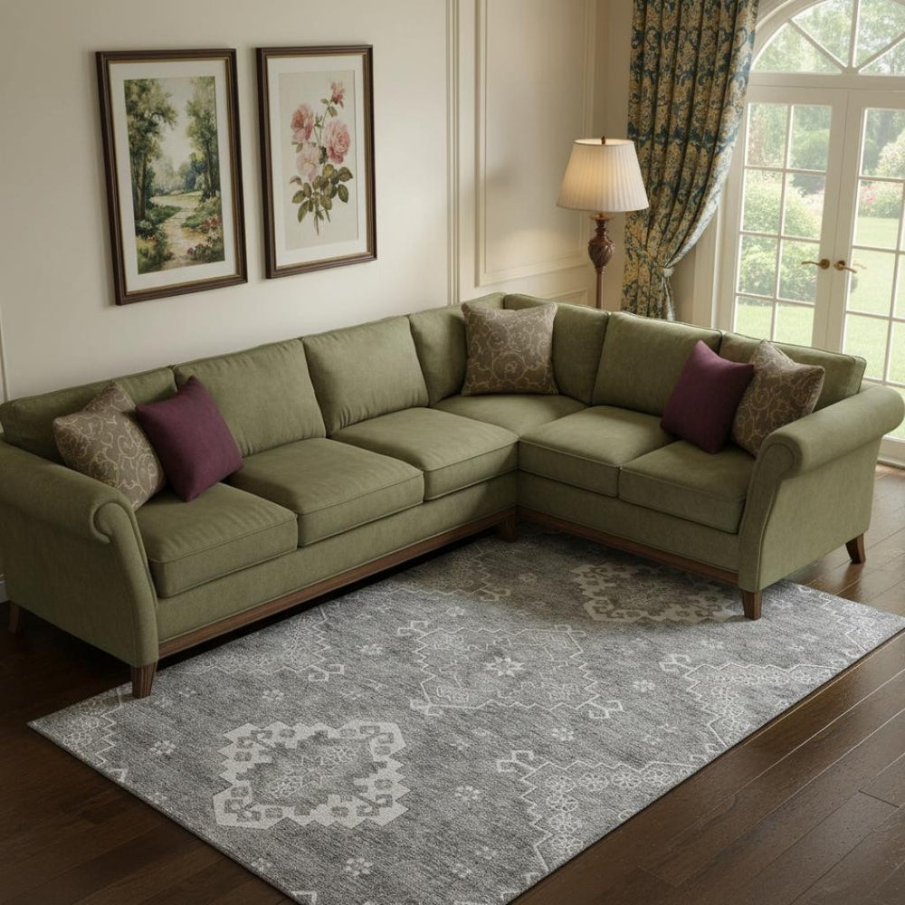 HomeRoots 9' X 12' Gray and Ivory Medallion Area Rug - Washable, Stain-Resistant, UV-Protected for Busy Homes 667413