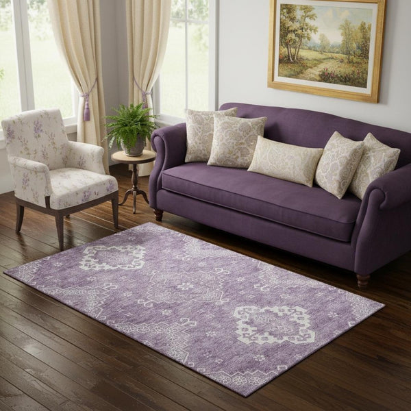 HomeRoots 5' X 8' Lavender Medallion Area Rug - Washable, Stain-Resistant, UV-Protected for Stylish Living Spaces 667416