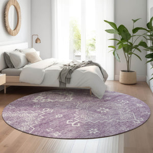 HomeRoots 8' Elegant Lavender & Ivory Medallion Round Rug - Washable, UV-Protected, Perfect for Any Space! 667417