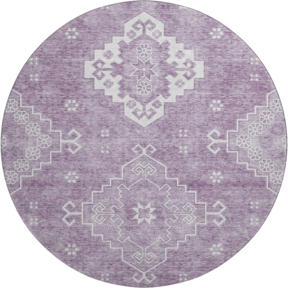 HomeRoots 8' Elegant Lavender & Ivory Medallion Round Rug - Washable, UV-Protected, Perfect for Any Space! 667417