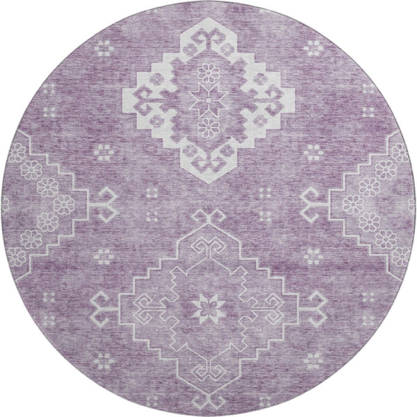 HomeRoots 8' Elegant Lavender & Ivory Medallion Round Rug - Washable, UV-Protected, Perfect for Any Space! 667417