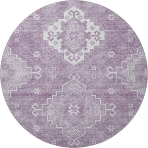 HomeRoots 8' Elegant Lavender & Ivory Medallion Round Rug - Washable, UV-Protected, Perfect for Any Space! 667417
